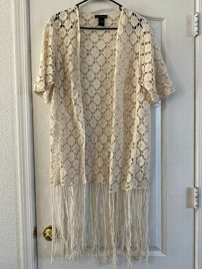 House of Harlow 1960 Bohemian Cream Crochet Festival Fringe Open-knit Cardigan